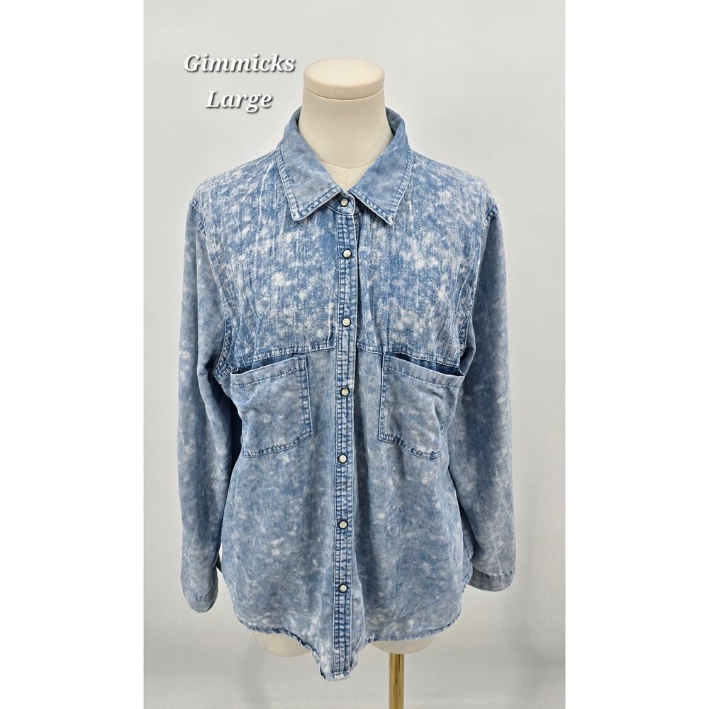 Gimmicks Distressed 90s Grunge Western Acid Wash Denim Button Down‎ Shirt L